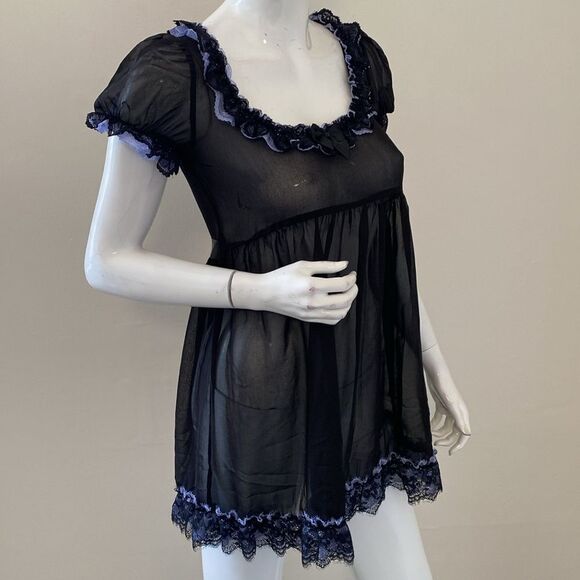 Dolls Kill Widow Sheer Black Babydoll Mini Dress Ruffle w Baby Blue Lace Trim - Picture 3 of 7